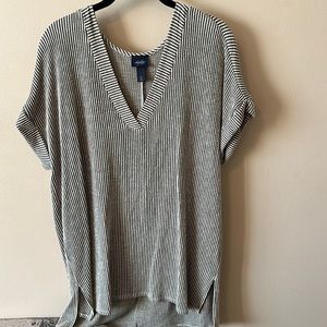 Cream and green striped top.